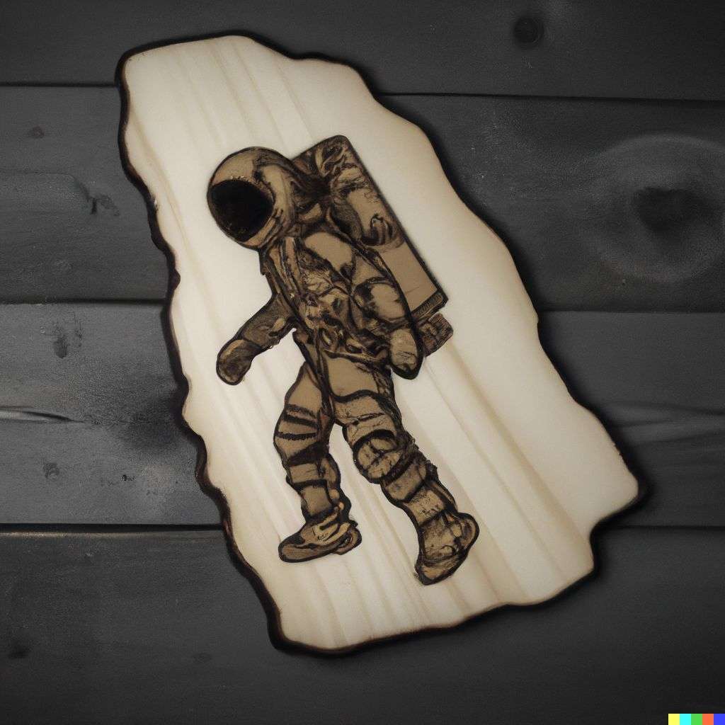 an astronaut, pyrography on a piece of wood